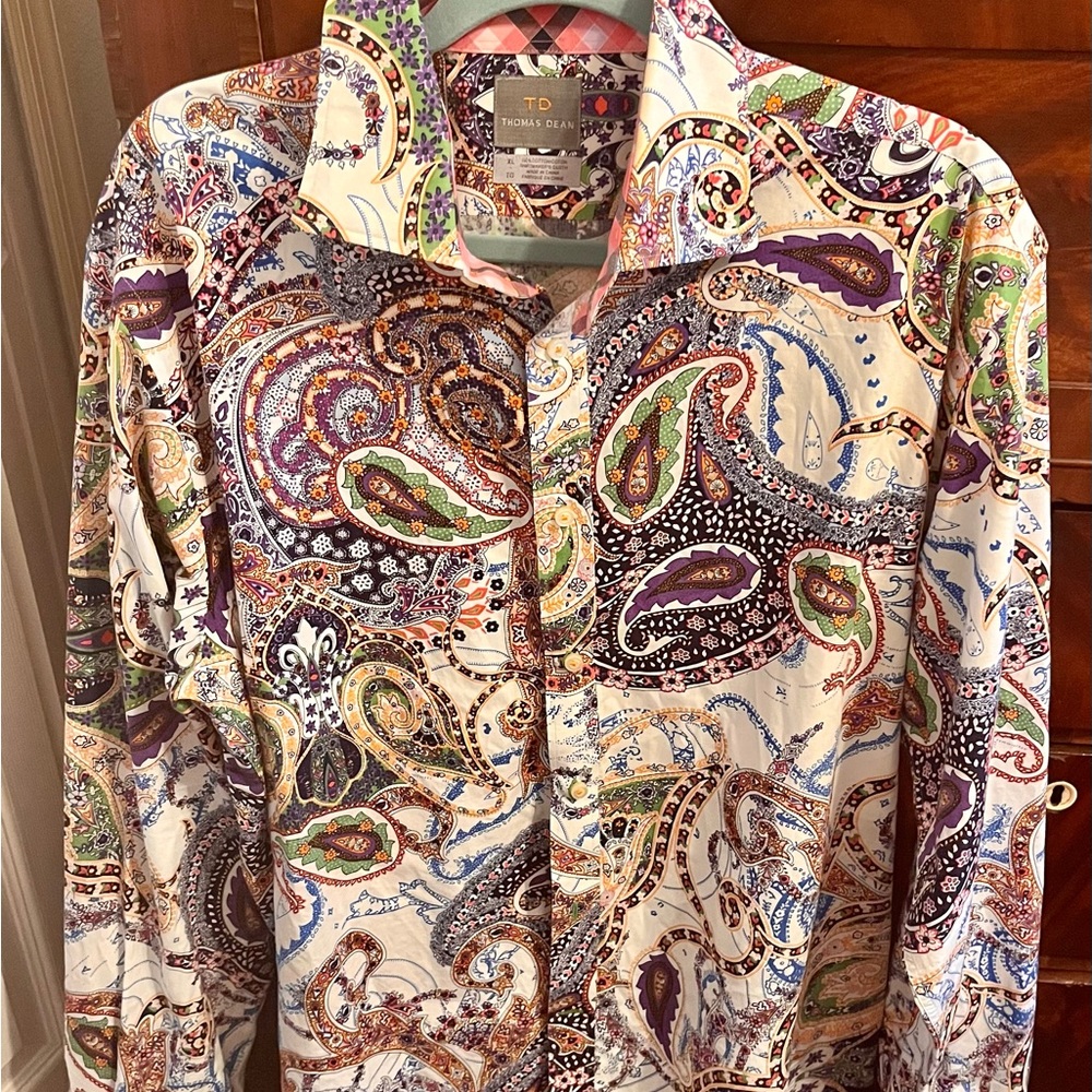 TD Colored Long Sleeve Print Button, Down Sport Shirt
